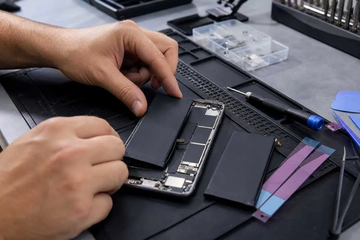 Técnico substituindo a bateria de um smartphone em bancada de reparo profissional