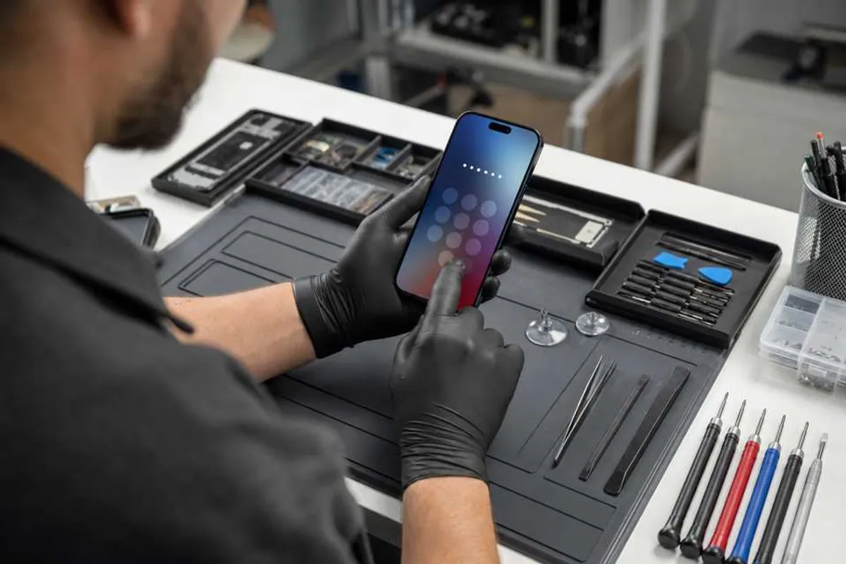 Tecnico desbloqueando smartphone em assistencia tecnica em Bela Vista