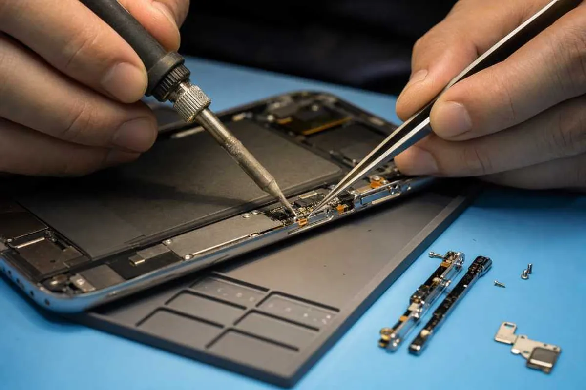 Técnico consertando botões de power e volume de smartphone em bancada