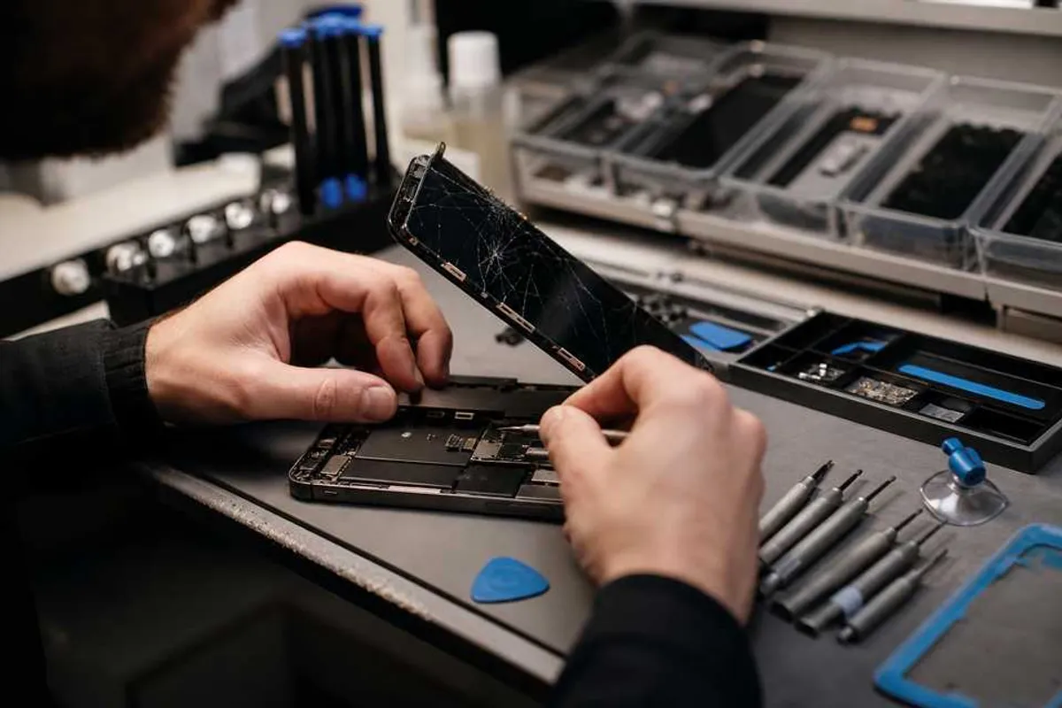 Técnico substituindo o display e touch trincado de um smartphone com ferramentas de precisão em bancada de assistência