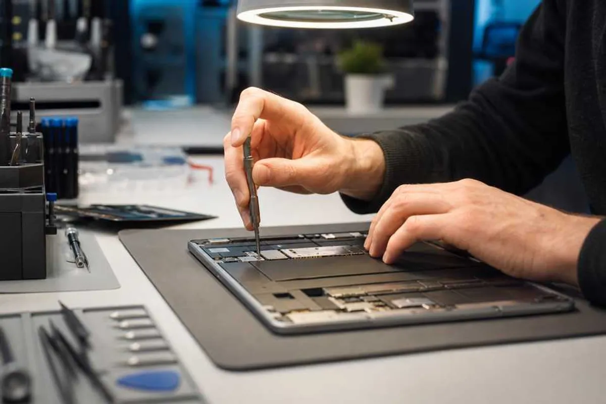 Técnico consertando tablet em bancada de assistência com ferramentas de precisão