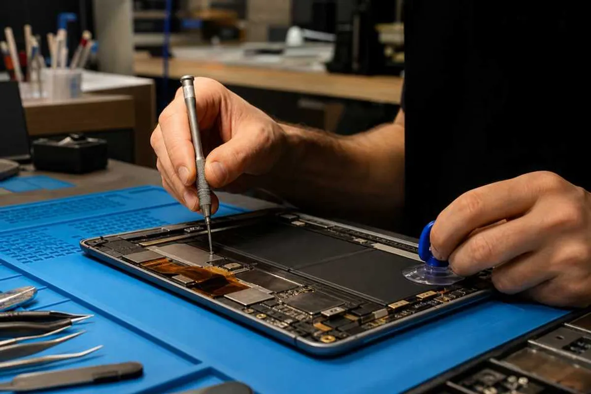 Técnico consertando tablet aberto em bancada de assistência técnica em Bela Vista