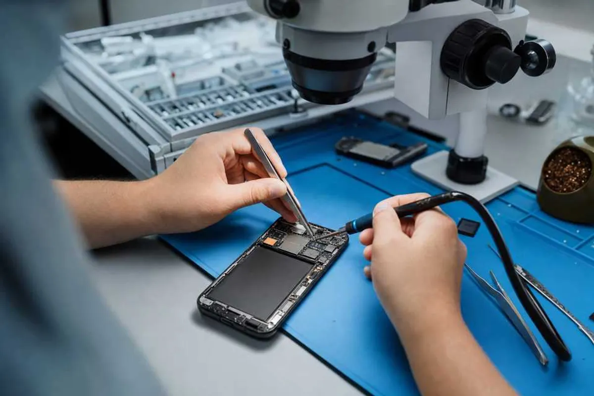 Técnico consertando placa de smartphone com microscópio em assistência técnica