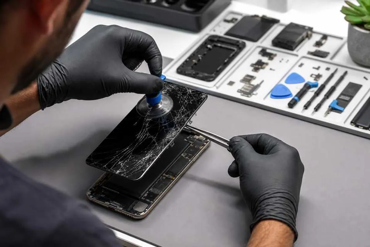 Técnico trocando tela de celular em bancada de assistência técnica