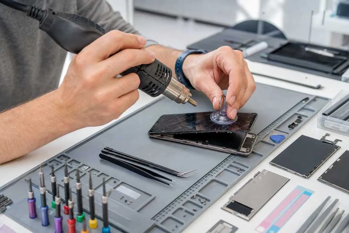 Técnico realizando conserto de celular em bancada profissional, substituindo tela de smartphone