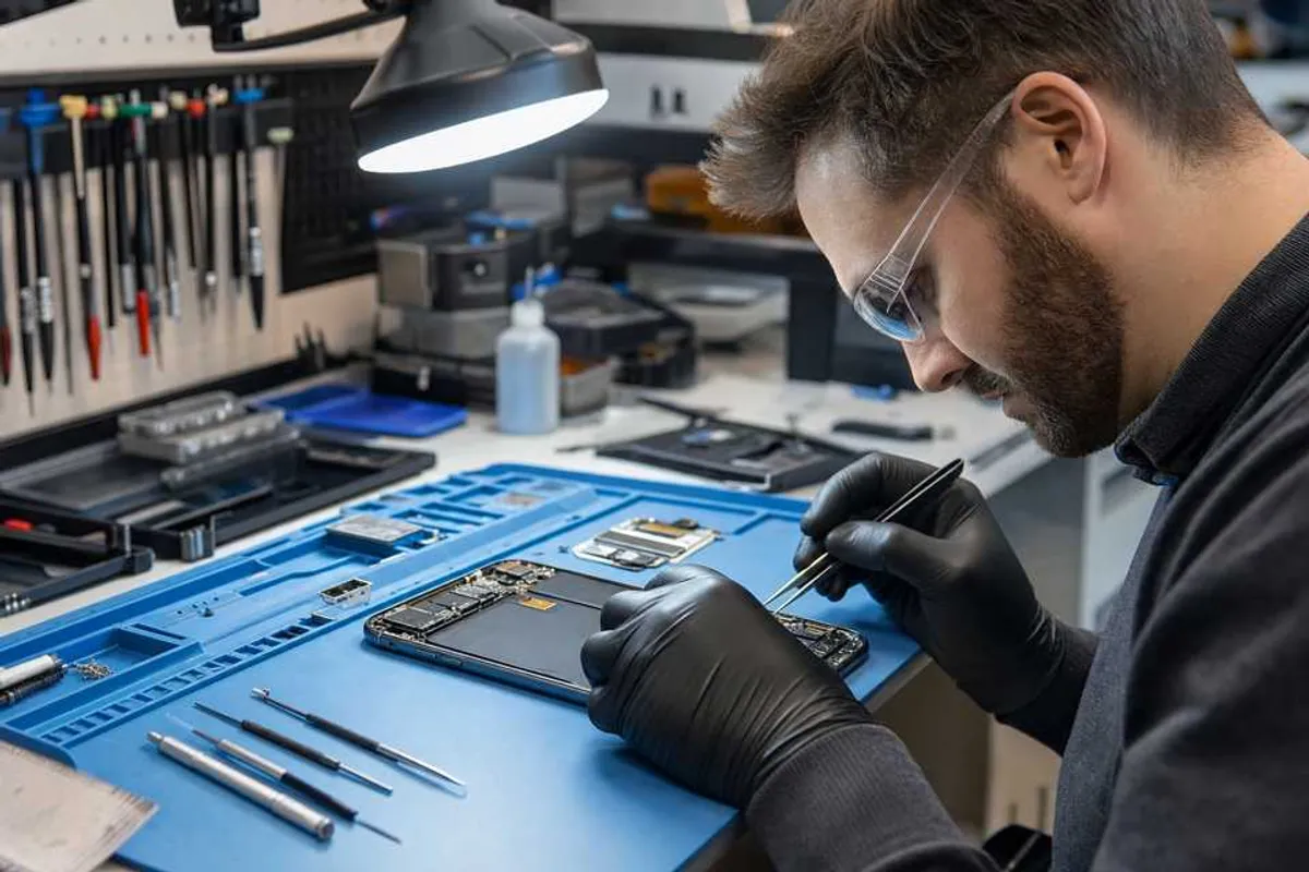Técnico consertando smartphone aberto em bancada com ferramentas de precisão e lupa
