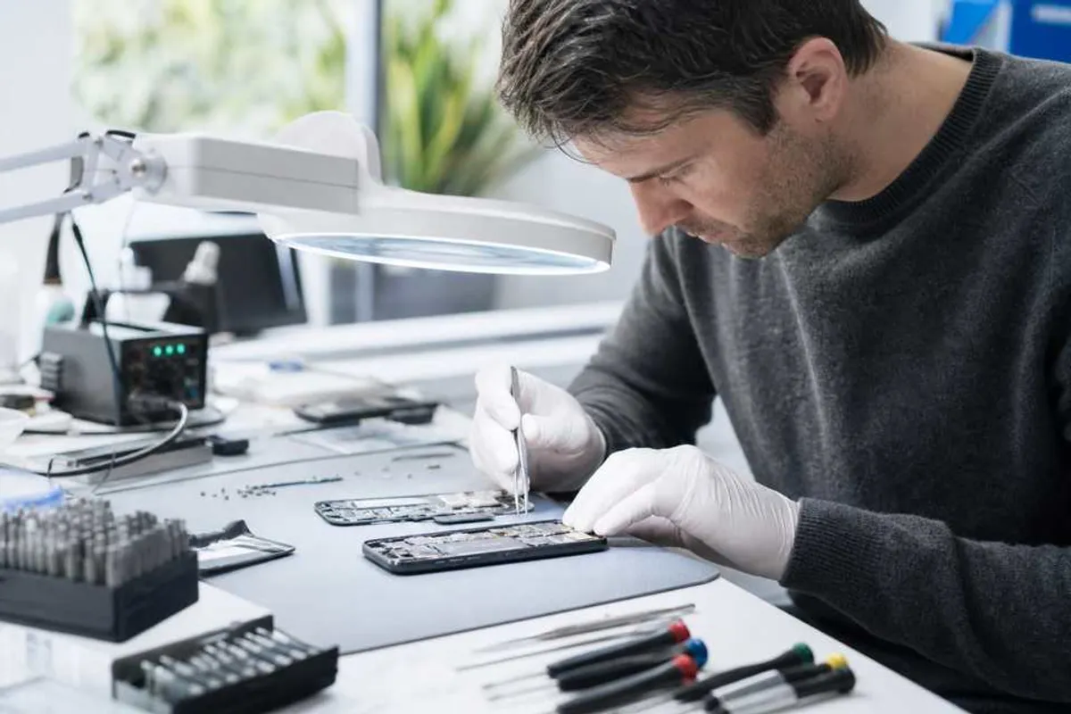 Técnico consertando smartphone em bancada de assistência técnica