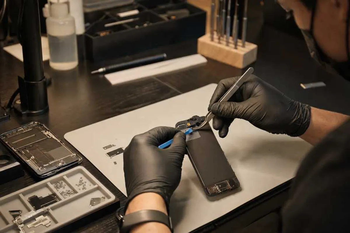 Especialista trocando bateria e tela de celular em bancada de assistência técnica
