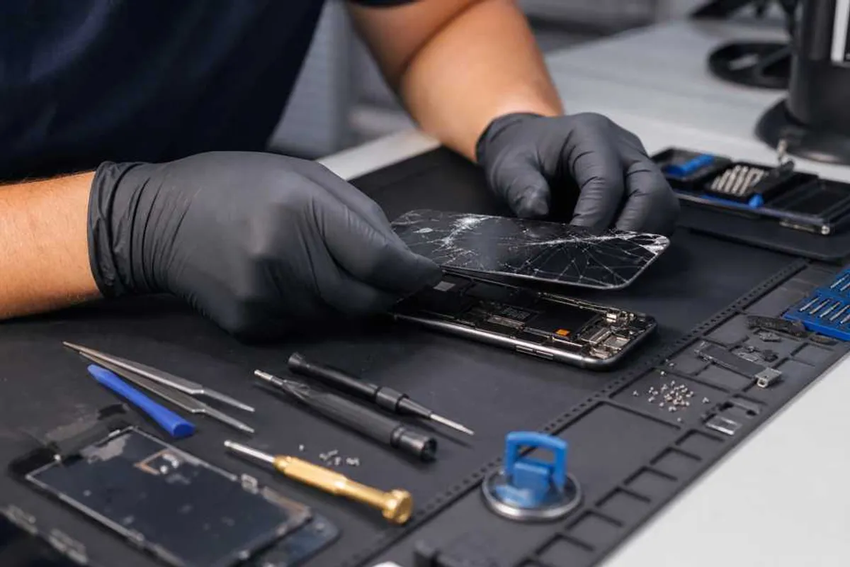 Técnico realizando conserto de celular com troca de tela em bancada profissional