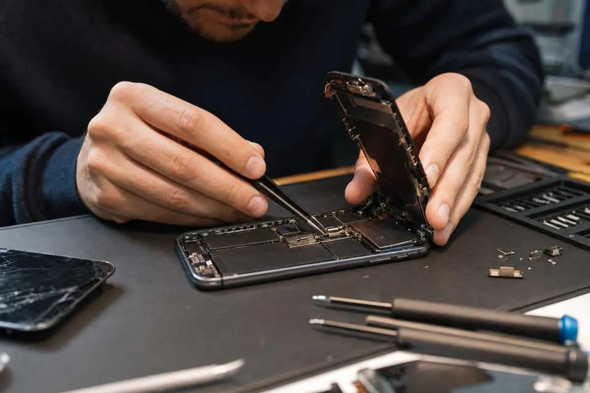 Técnico substituindo a tela quebrada de um smartphone com ferramentas de precisão em bancada de assistência